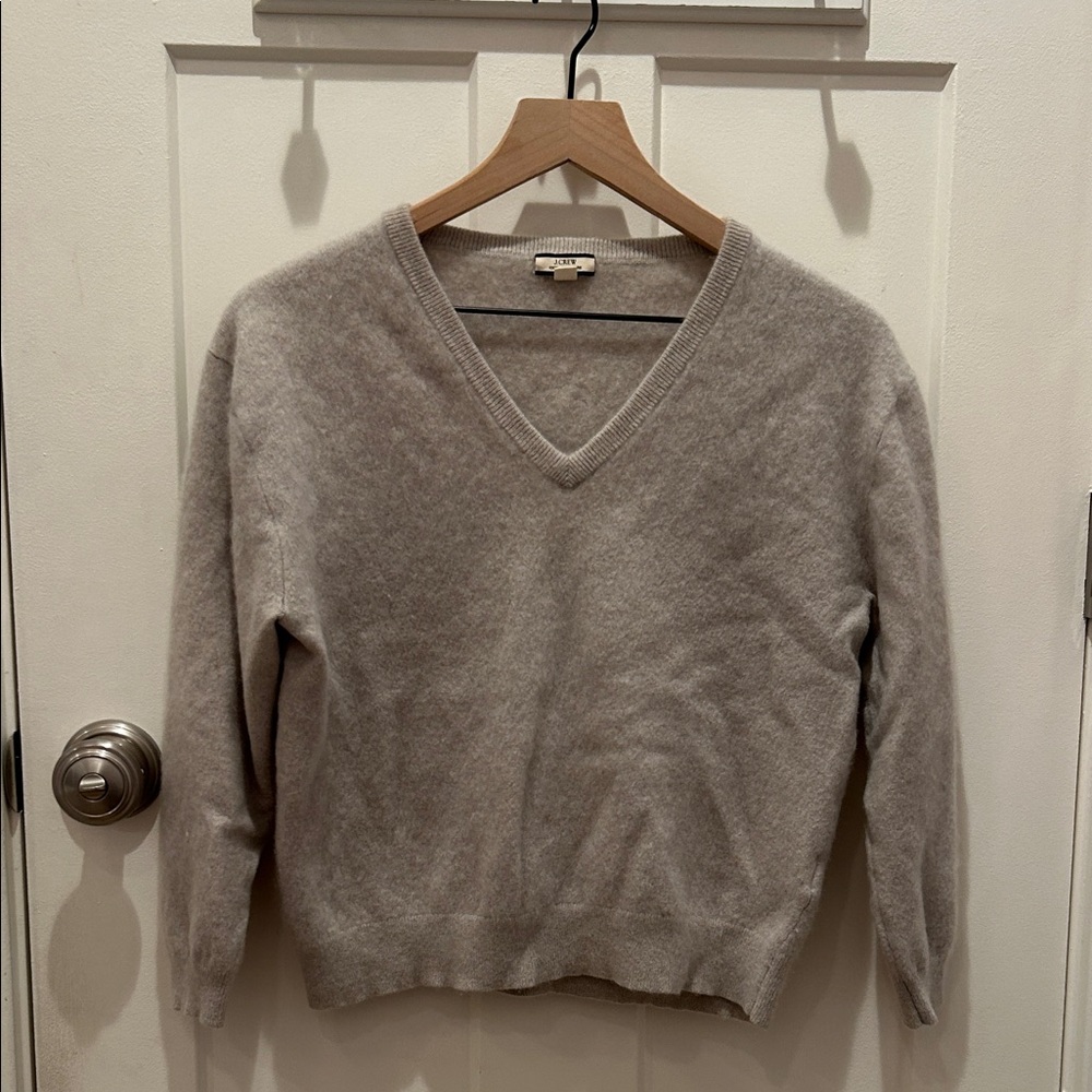 J. Crew 100% Brushed Cashmere Cropped V-Neck Sweater Light Gray